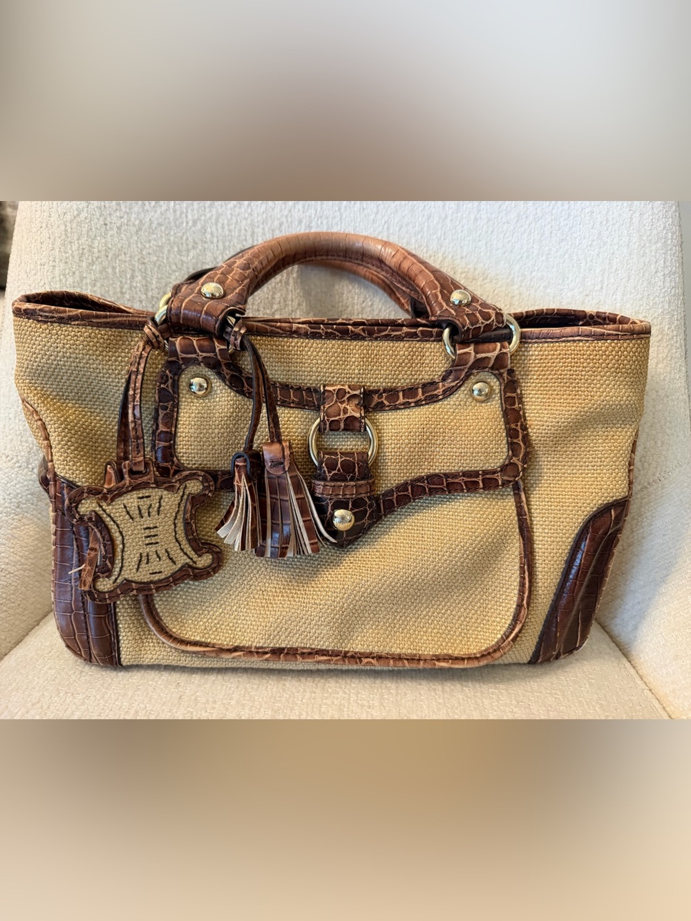 CELINE Tan Canvas Tote with Brown Croc-Trim